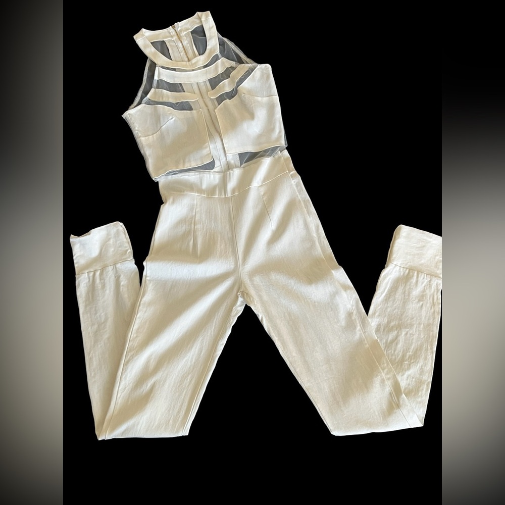 cream White pull on jump suit  sizeM sheer design-sleeveless zip back